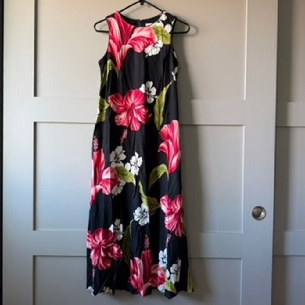 Vintage Iolani Maxi Dress Women M Black Pink Hibiscus Tropical Floral Sleeveless